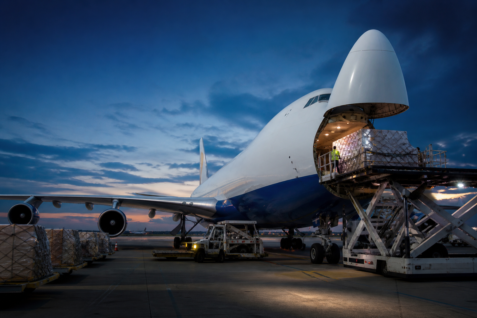 Cargo aircraft loading international freight at an airport
