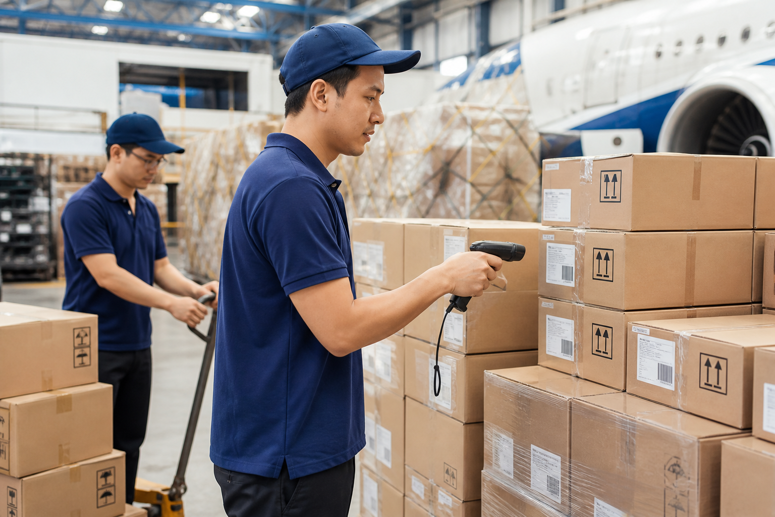 Warehouse team handling international air cargo shipments